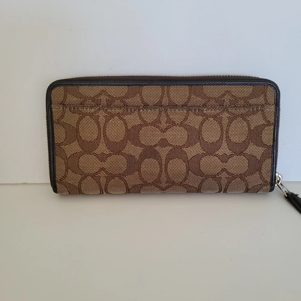 Coach Signature Canvas Accordion Zip Wallet Brown Tan Monogram Long Wallet